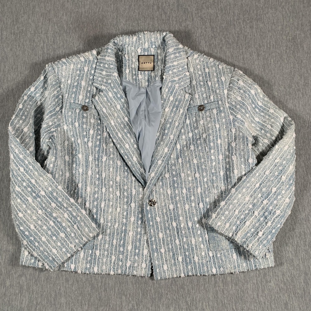 ORTTU Jacket Womens One Size Blue White Tweed‎ Cropped Blazer Textured Boucle